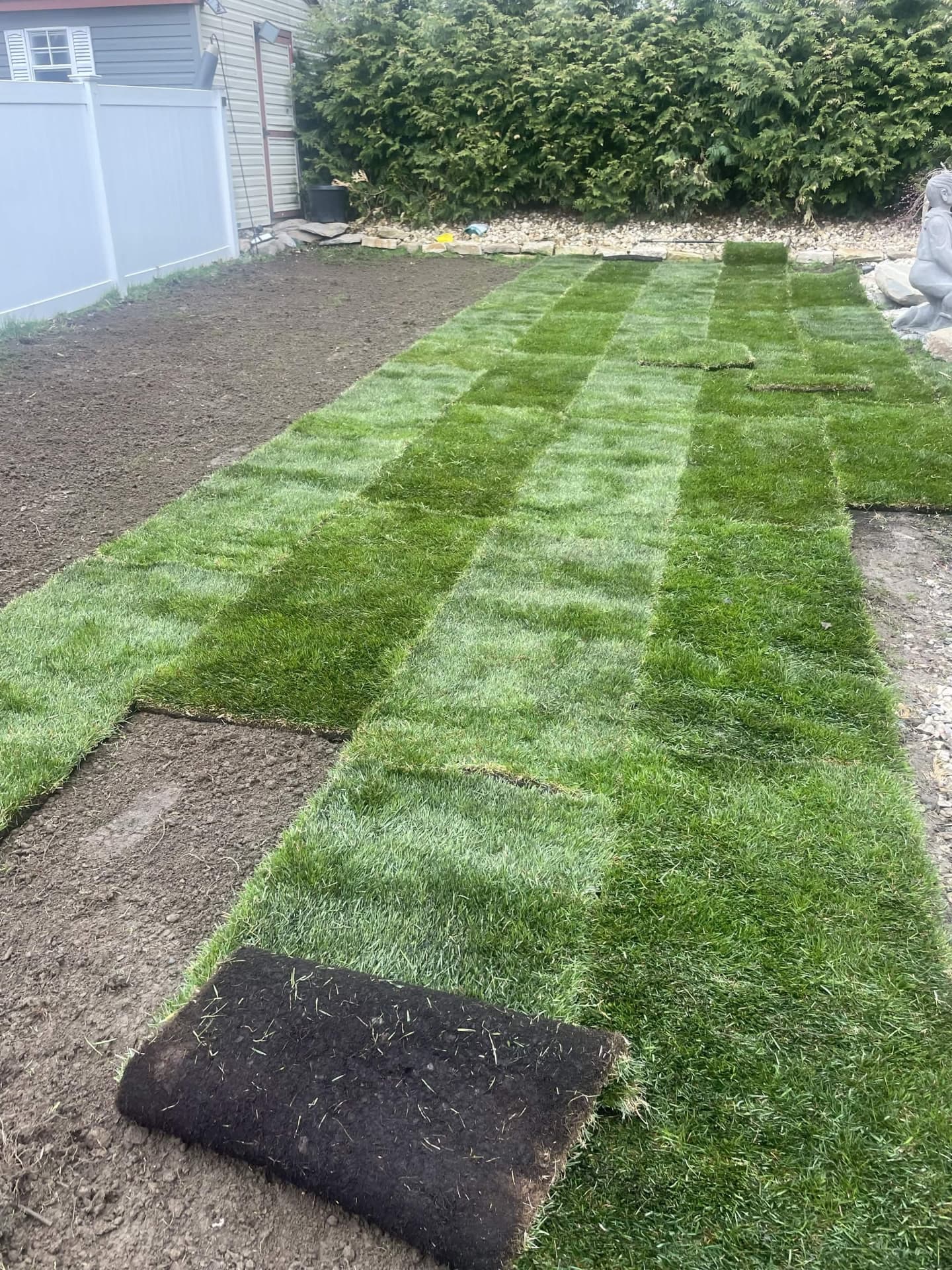 Fresh sod rolled out over a newly graded lawn